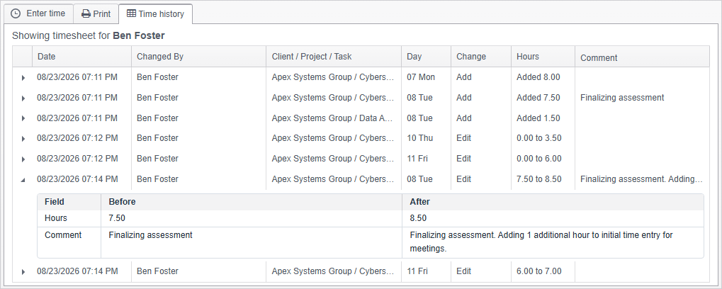 Timogix time history showing additions, edits, comments, and before-and-after values